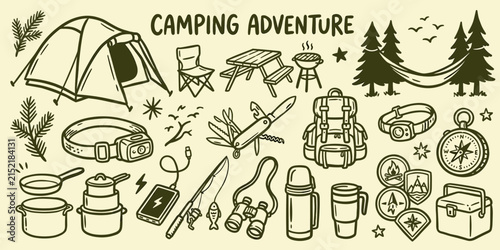 Vintage camping adventure doodle set. Hand drawn outdoor equipment icons. Retro wilderness survival gear vector collection.