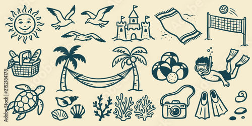 Hand Drawn Seamless Beach Pattern with Sea Shells, Palm Trees, Sun, Boats and Vintage Summer Vacation Travel Illustrations