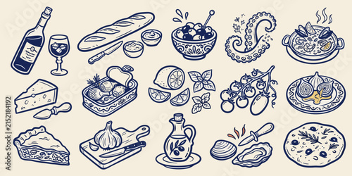 Mediterranean food icons set, hand drawn blue line art illustrations of tapas and seafood, rustic italian cuisine vector elements for restaurant menus