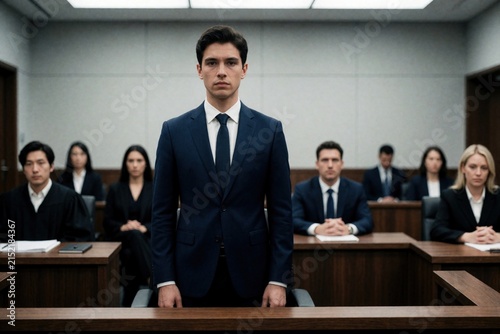 Young man in navy suit stands in courtroom. People in suits and robes sit at desks behind him. Serious man looks ahead, facing legal proceedings and justice system indoors.