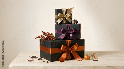 Elegant stacked gift boxes in black with satin ribbons for festive occasions