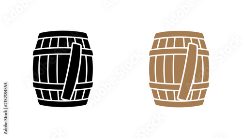 Vintage wooden barrel vector icons, rustic oak keg illustrations for brewery branding, black and brown timber barrel set