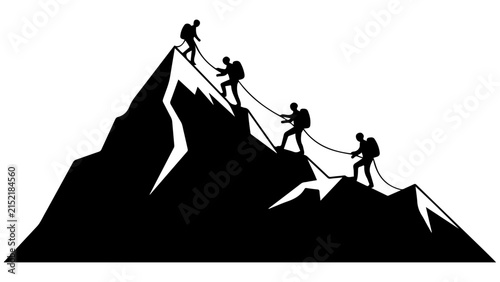 Silhouettes of climbers ascending a steep mountain ridge with ropes and backpacks, teamwork, adventure, and extreme outdoor challenge illustration