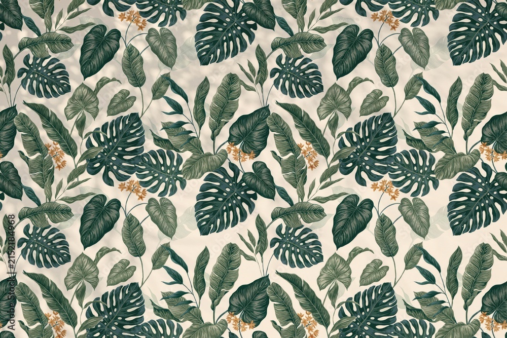Obraz premium Seamless pattern featuring dark green monstera leaves, tropical palm foliage, and small yellow flowers on a light beige textured background