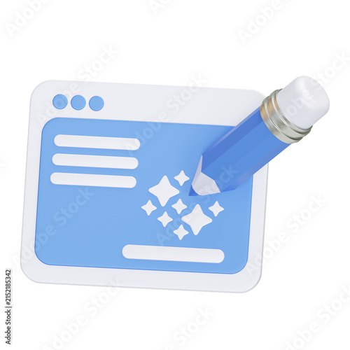 3D rendering of pencil and window icon for AI text generator writing tool