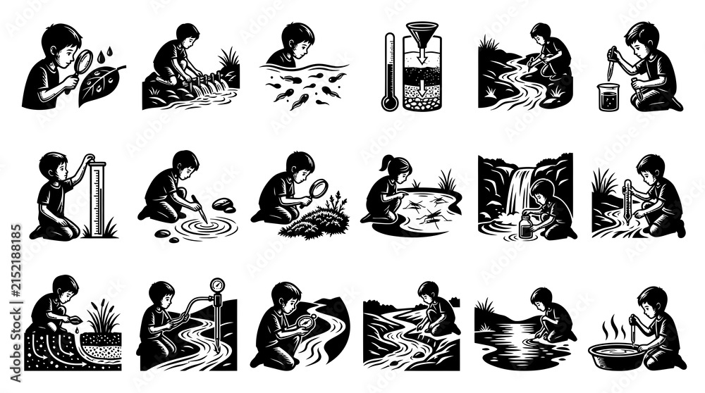 Fototapeta premium Environmental Science Education Glyphs: Kids Exploring Water, Nature, and Ecology Experiments in Black and White