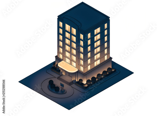 Isometric Hotel Exterior at Night with Illuminated Windows and Entrance