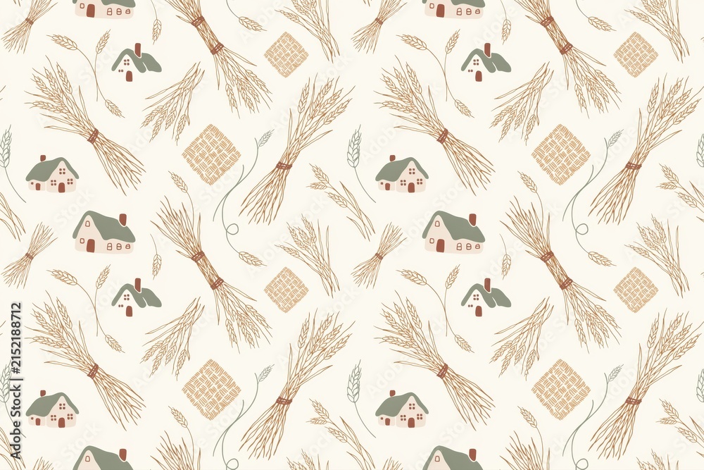 Fototapeta premium Seamless pattern featuring hand drawn wheat sheaves, small rustic houses, and woven straw mats on a light cream background, farm theme