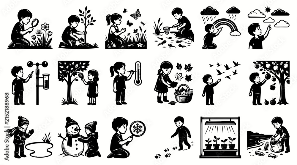 Obraz premium Black and White Illustrations of Kids Exploring Nature, Seasons, and Weather for Educational Content