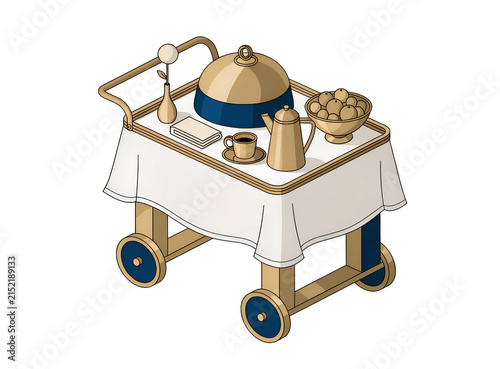 Isometric 3D Illustration of a Hotel Room Service Cart with Coffee, Fruit and Breakfast Tray
