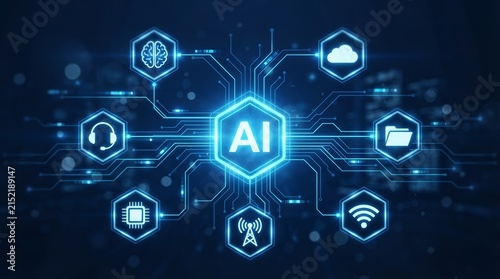 Artificial intelligence concept with network icons and circuit data for future innovation.