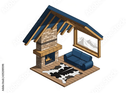 Isometric 3D Illustration of a Mountain Lodge Interior with Stone Fireplace, Timber Roof and Mountain View — Cozy Cabin Vector Illustration