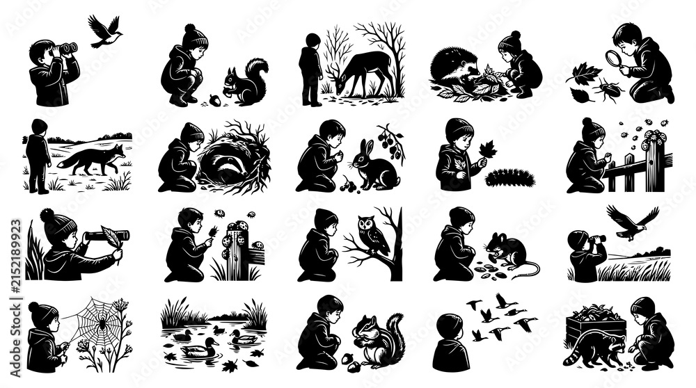 Fototapeta premium Black and white line art of children exploring nature and animals