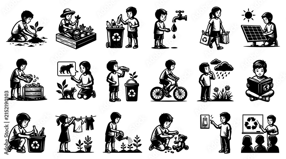 Fototapeta premium Children practicing environmental conservation and sustainability, Black and White Line Art