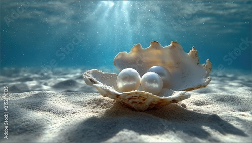 Underwater seashell with pearls. Sunlight beams through water