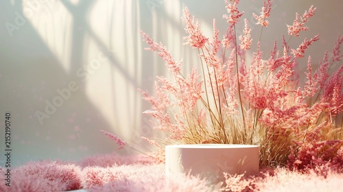 Fond graphique mur rose, présentoir, stand pour intégration produit cosmétique