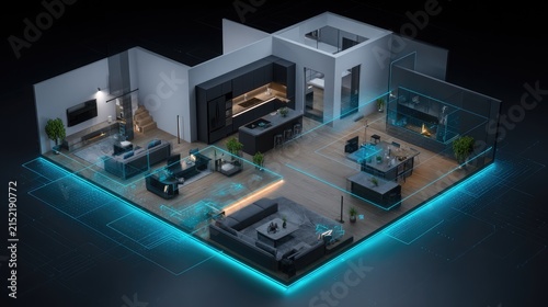 3D floor plan of a smart home.  Modern, connected interior