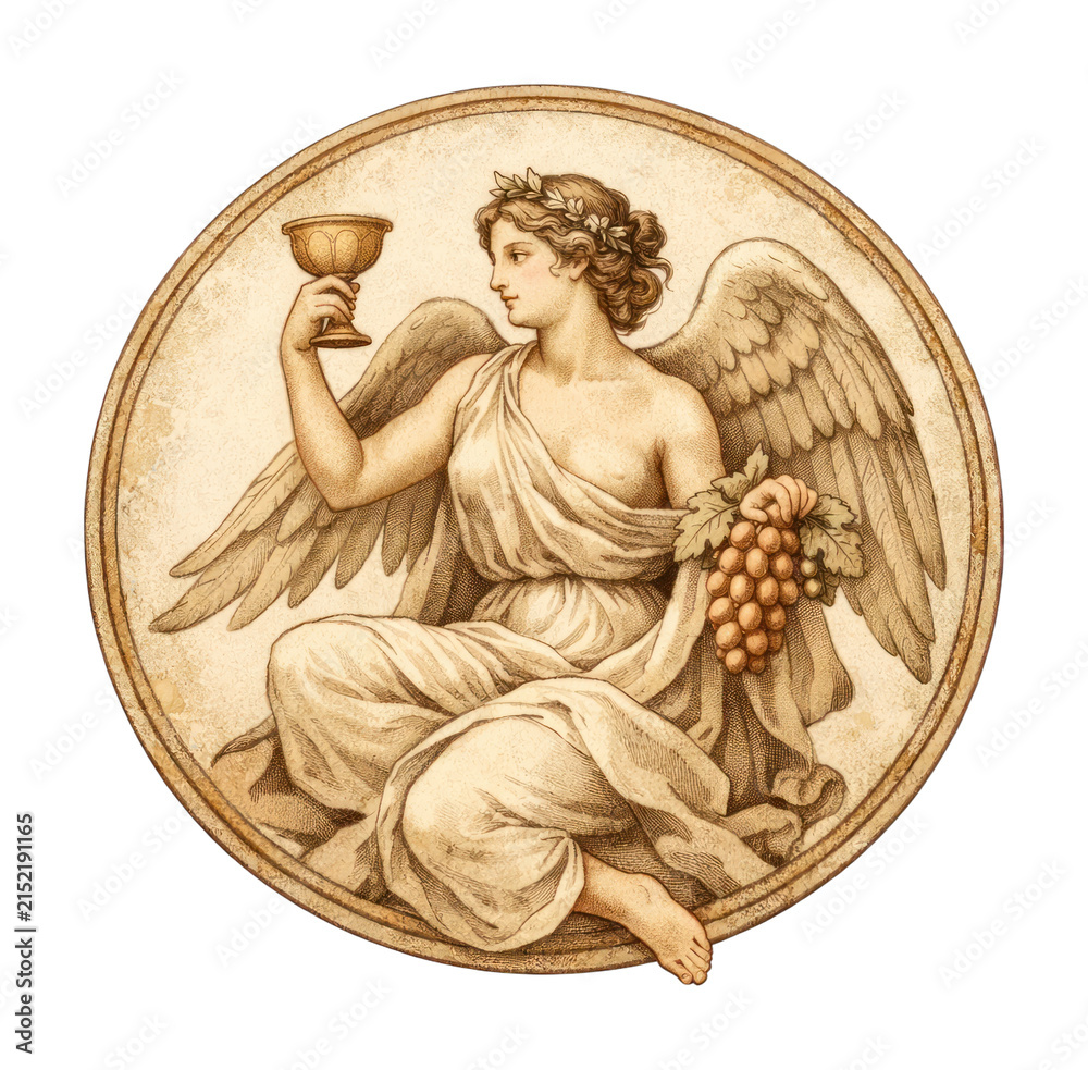 Fototapeta premium Vintage angel holding grapes and chalice, PNG with transparent background.