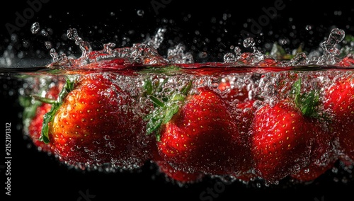Fresh strawberries submerged in water with splashing bubbles
