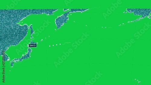 Bright dots starting map, revealing Shanghai-LA route with moving dots showing progress, clear bg
