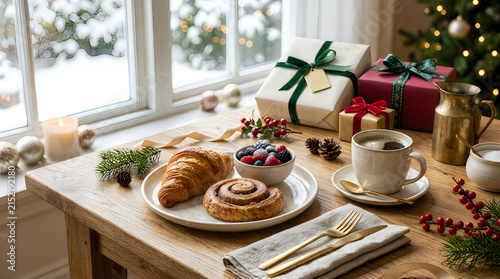 Delightful holiday breakfast scene with fresh croissant cinnamon roll berries coffee and gift boxes near window with snowy winter garden view