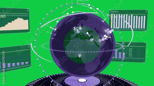 Hologram globe cam zooming rotating pulsing nodes, arcs panels updating, showing flows transparent