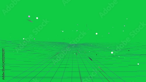 Forward camera nudging particles, neon grid racing toward mound, showing motion on transparent void
