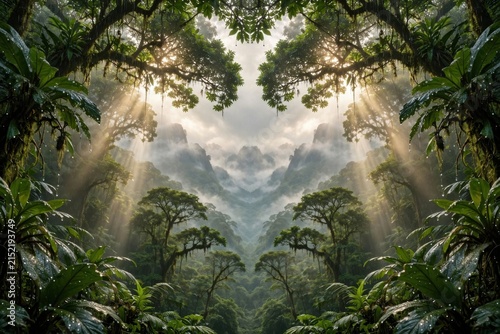 Enchanting Rainforest Canopy with Sunbeams Piercing Through Mist.