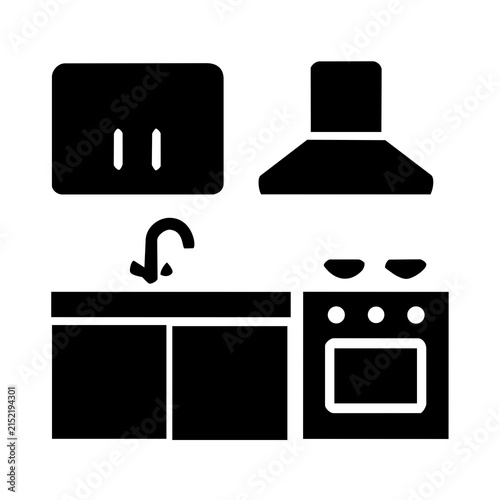 Kitchen furniture vector icon showing kitchen cabinets range hood sink and stove oven