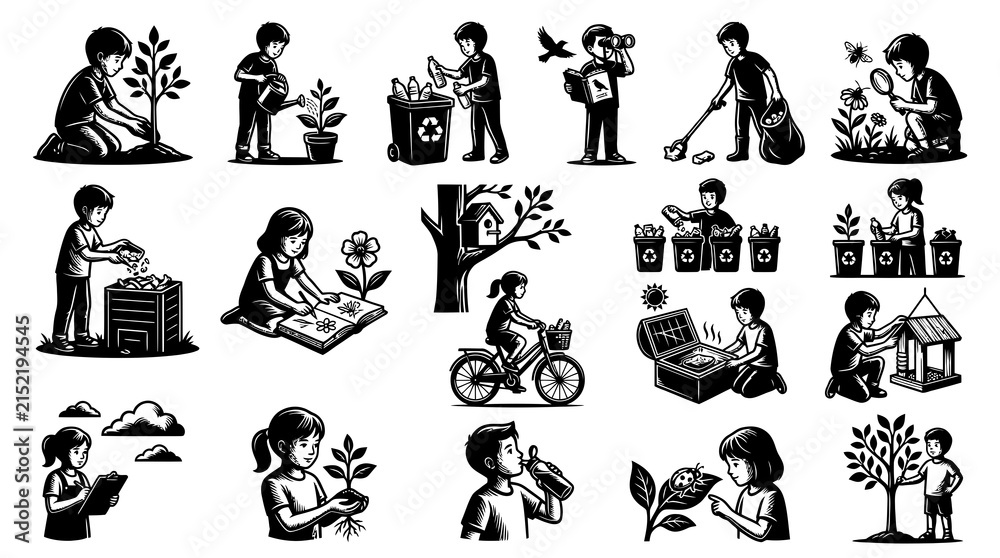 Obraz premium Environmental Education Children Activities Black and White Line Art Vector Illustration Set