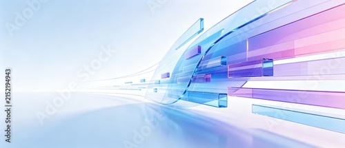 Futuristic transparent glass technology waves with blue and purple geometric data streams, idea for digital innovation, communication, speed and technology banner