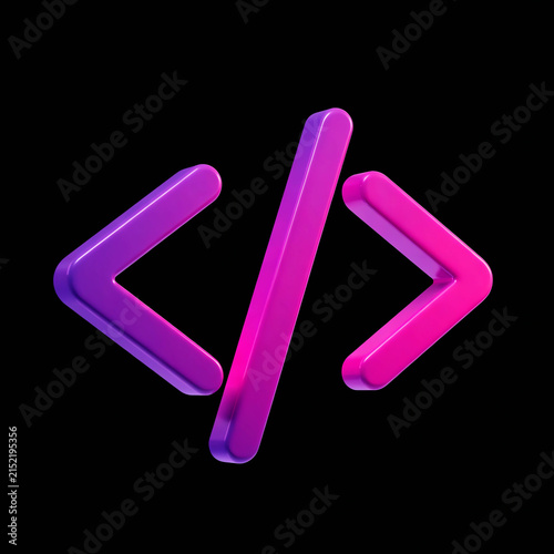 3D icon of a closing tag </> in gradient purple and pink, glossy plastic texture, isolated.