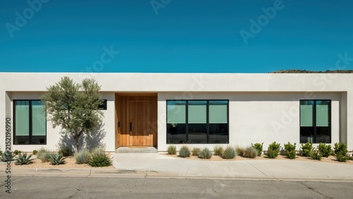 Modern minimalist singlestory home with flat roof and natural wood front door