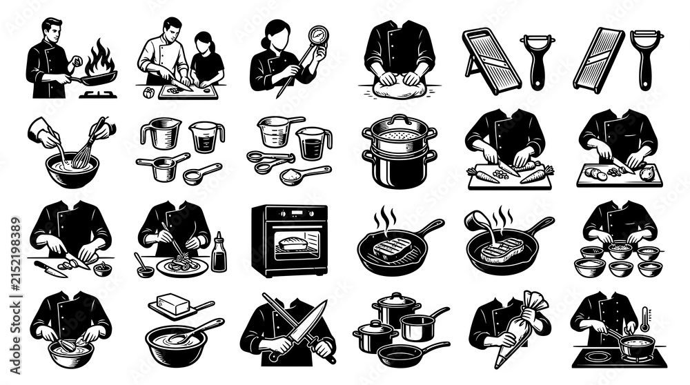 Fototapeta premium Culinary Cooking Icon Set: Black and White Vector Illustrations of Chef Actions, Kitchen Tools Food Prep