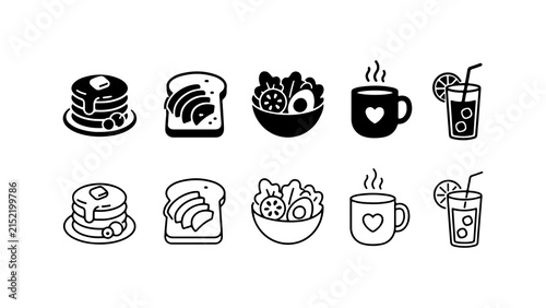 Breakfast Food and Drink Icon Set in Silhouette and Outline Styles