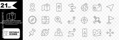 Set of 21 outline icons related to location. Linear icon collection. Editable stroke. Vector illustration
