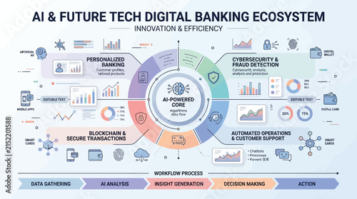 AI and future technology digital banking ecosystem infographic.