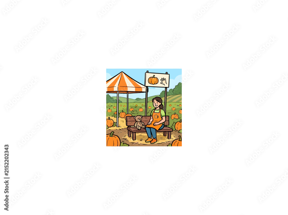 Fototapeta premium Cheerful Female Vendor In An Orange Apron Sitting On A Wooden Bench, Holding A Teddy Bear, Surrounded By Pumpkins At An Autumn Farm Stand, Festive And Welcoming Vector Illustration