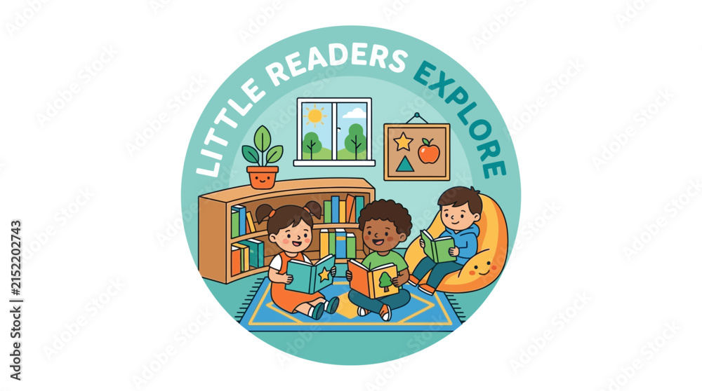 Fototapeta premium Little Readers Explore: Diverse Happy Children Reading Books Together in a Cute Classroom Library