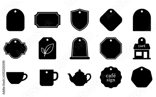 Black and white flat style gift tags and tea set icons collection