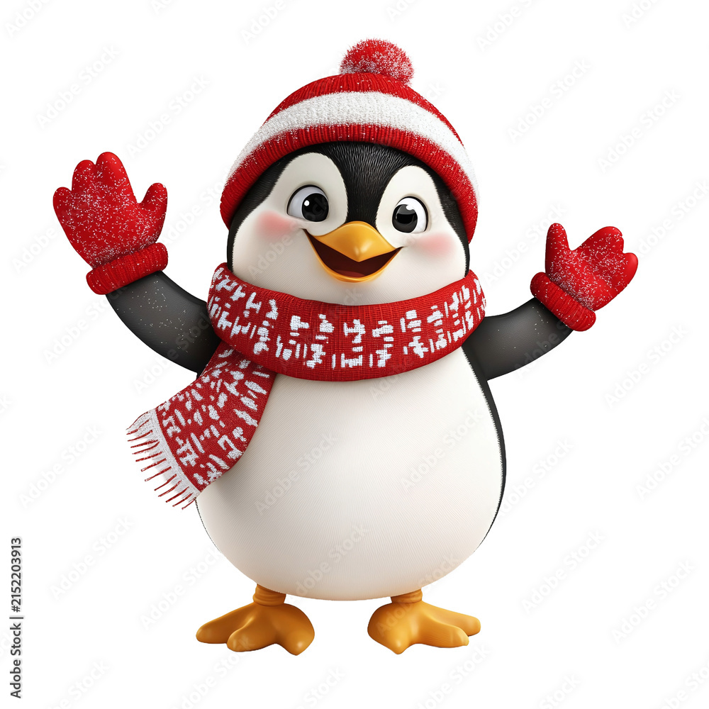 Fototapeta premium Cute cartoon penguin wearing a festive red winter hat and scarf standing smiling
