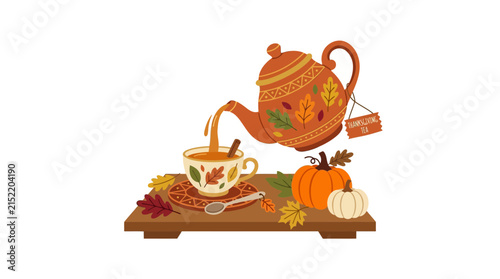 Autumn Tea Time Illustration with Pumpkin and Teapot