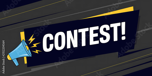 Blue megaphone announcing CONTEST with yellow lightning bolts on a dark background with 