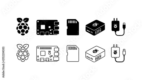 Raspberry Pi Single Board Computer Icon Set in Silhouette and Line Art