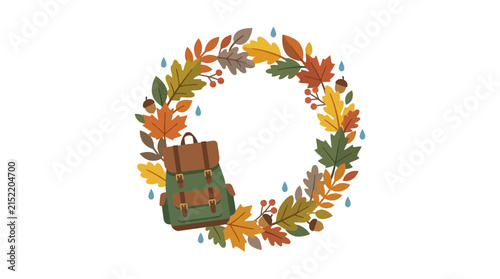 Autumn Wreath with Backpack and Falling Raindrops