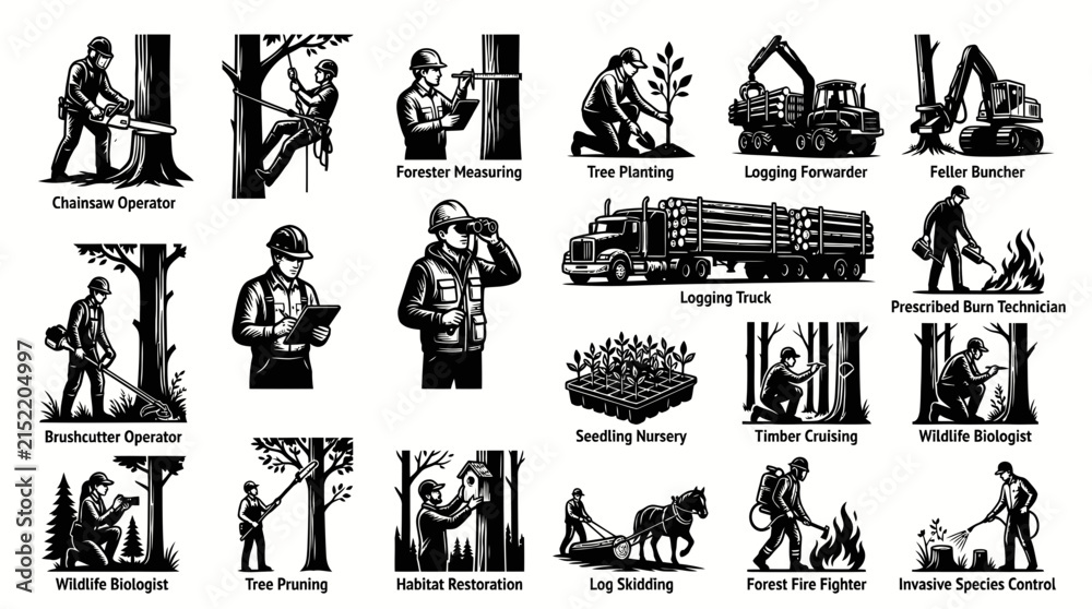 Fototapeta premium Forestry, Logging, and Forest Management Professions: Workers, Equipment, and Activities Black White Vector Illustration
