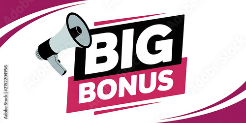 Bold announcing a big bonus with a megaphone and magenta accents on a white background 