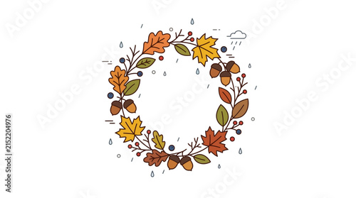 Autumn wreath with fall leaves and acorns on white background