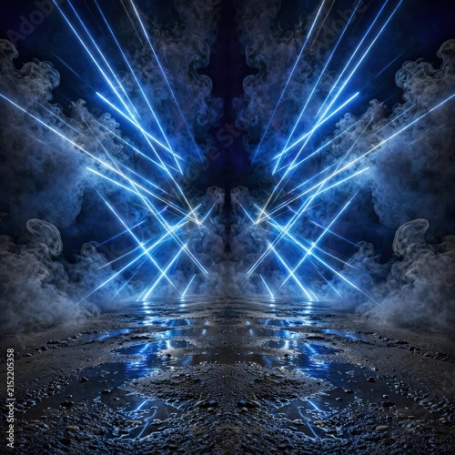 Abstract Blue Laser Beams Reflecting on Wet Ground with Smoke.