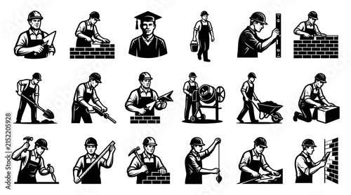 Black and White Line Art Construction Workers Vector Set: Builders, Masons, Engineers, and Tradesmen Icons